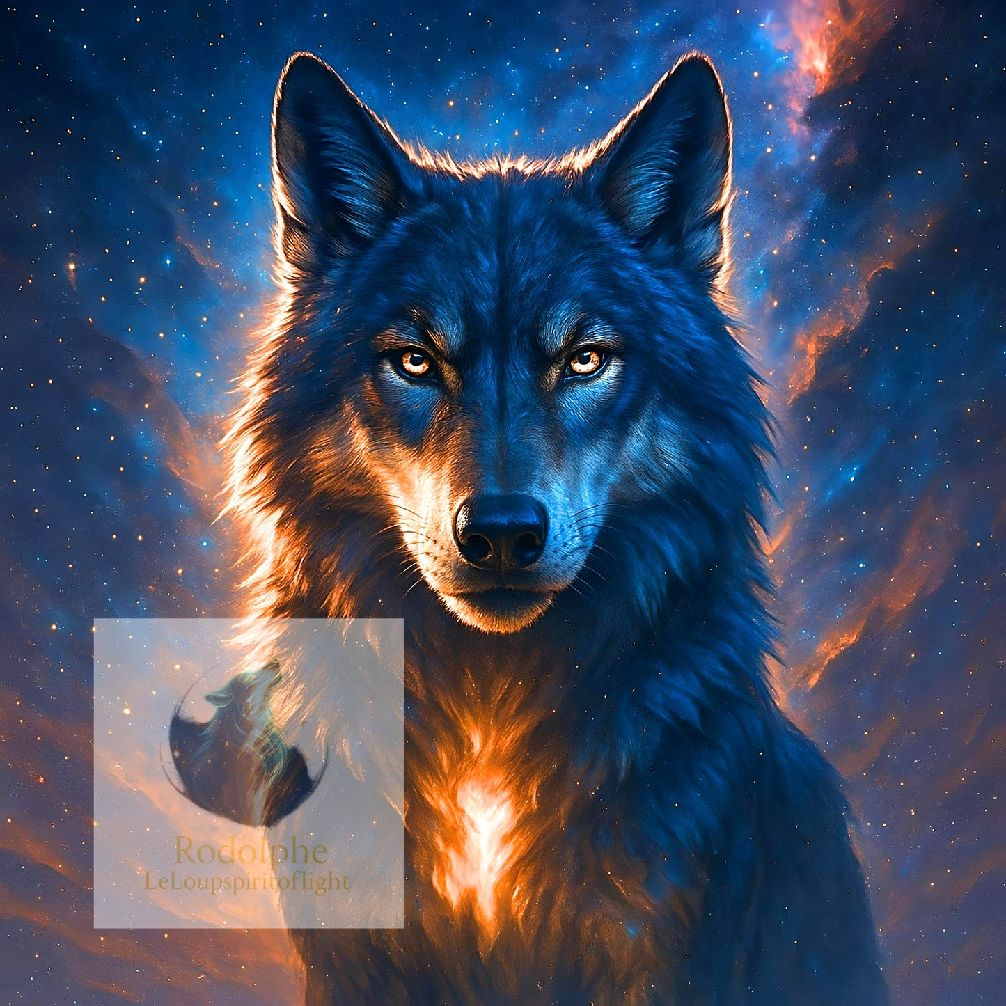 834 Loup dans un ciel étoilé avec lumière au cœur