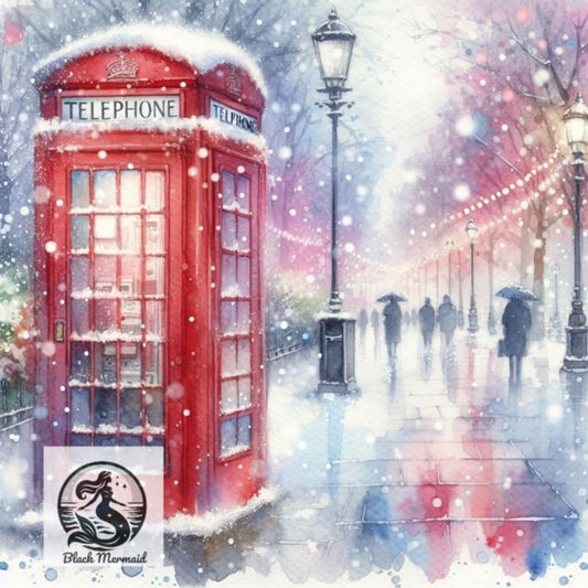 London Snowfall – Cabine Téléphonique Anglaise sous la Neige | Diamond Painting Premium Galaxiart