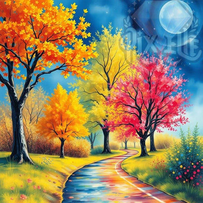 Chemin des Saisons – Magie d’Automne et Clair de Lune | Diamond Painting Premium Galaxiart