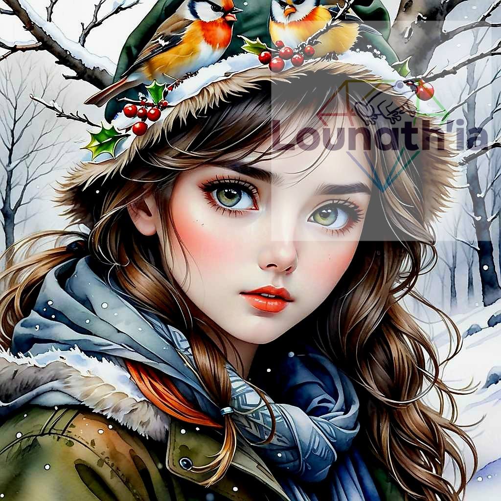 Élise et les Oiseaux de l’Hiver | Douceur & Poésie hivernale Diamond Painting Premium | Galaxiart