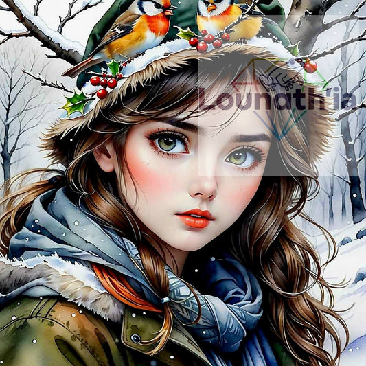 Élise et les Oiseaux de l’Hiver | Douceur & Poésie hivernale Diamond Painting Premium | Galaxiart