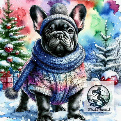 Bouledogue Français d’Hiver – Tendresse Neigeuse | Diamond Painting Premium Galaxiart