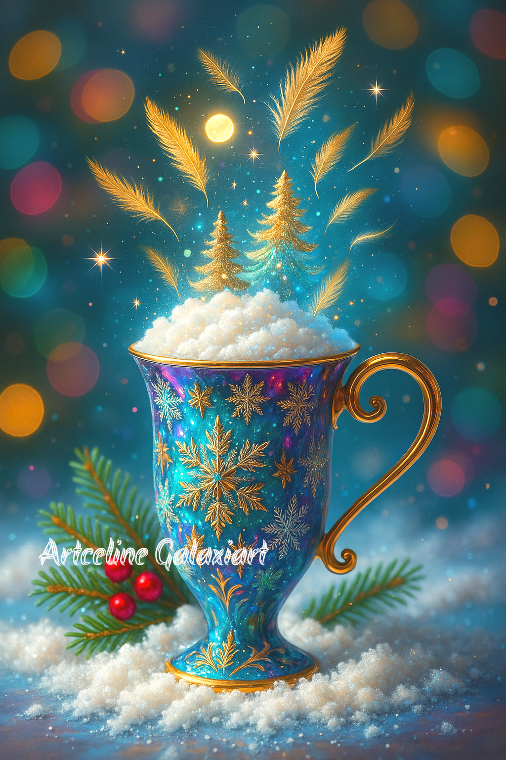Tasse Enchantée de Noël – Magie d’Hiver Dorée | Diamond Painting Premium Galaxiart