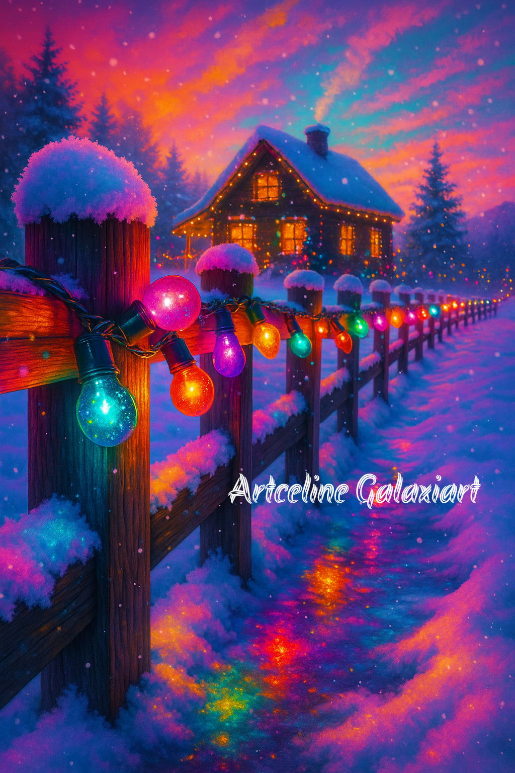 Chemin Lumineux vers le Chalet – Magie de Noël | Diamond Painting Premium Galaxiart