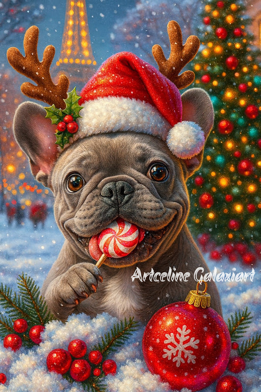 Bouledogue Français de Noël – Esprit Festif à Paris | Diamond Painting Premium Galaxiart
