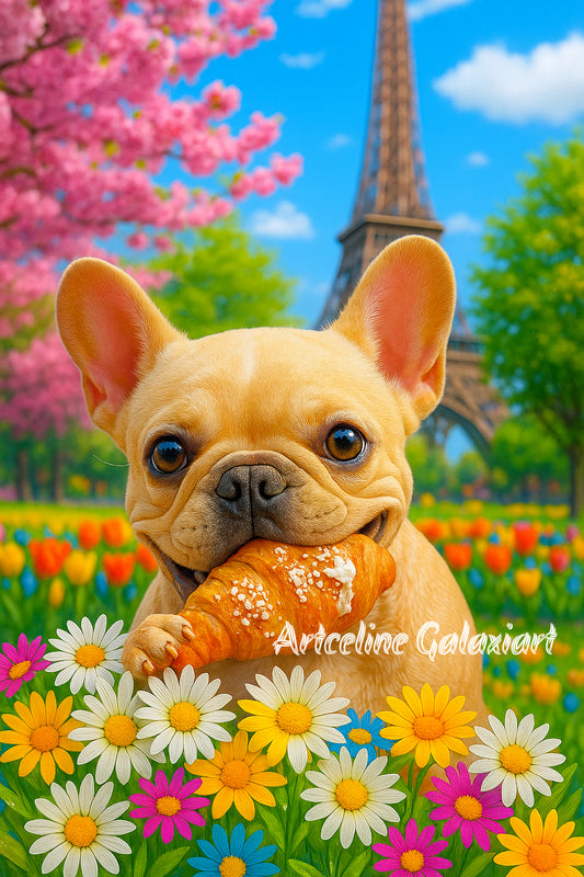 Bouledogue Français à Paris – Croissant et Printemps Fleuri | Diamond Painting Premium Galaxiart