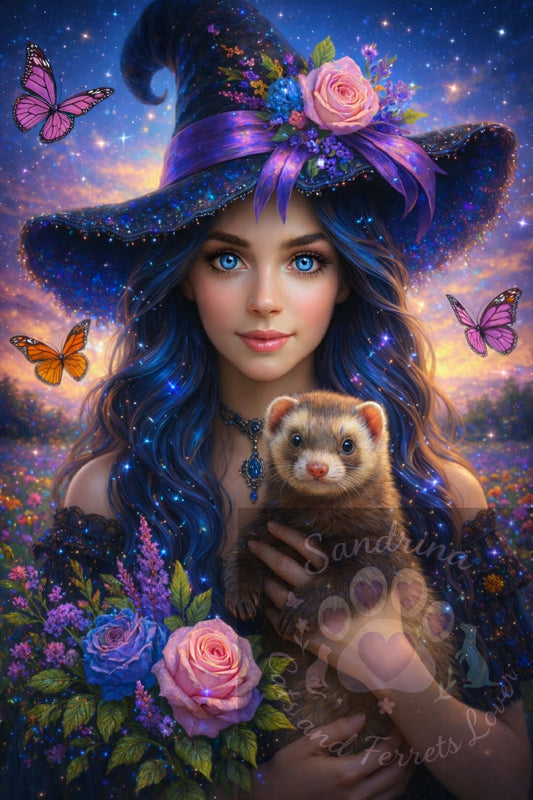 Sorcière Enchantée & Son Furet – Douce Magie Nocturne |  Diamond Painting Premium Galaxiart  - Collection Signature