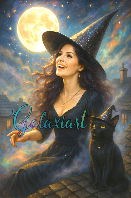 Sorcière joyeuse avec son chat noir sous la pleine lune