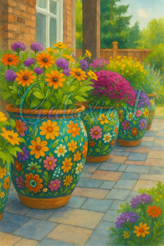 Allée fleurie aux pots peints à la main