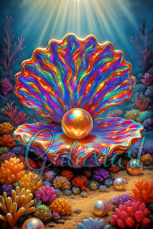 Coquillage arc-en-ciel et perle dorée