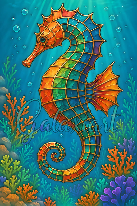 Hippocampe mosaïque dans un récif tropical