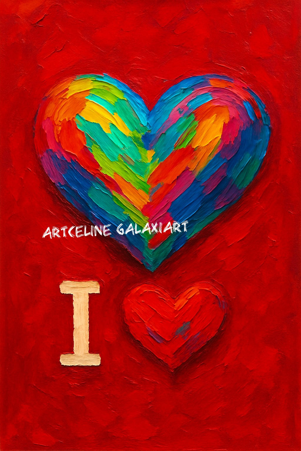 Cœur Arc-en-Ciel sur Fond Rouge – I Love Art | Diamond Painting Premium Galaxiart
