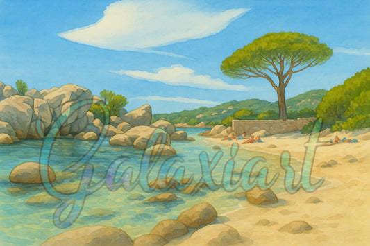 Rivière aux rochers dorés sous ciel bleu – Corse